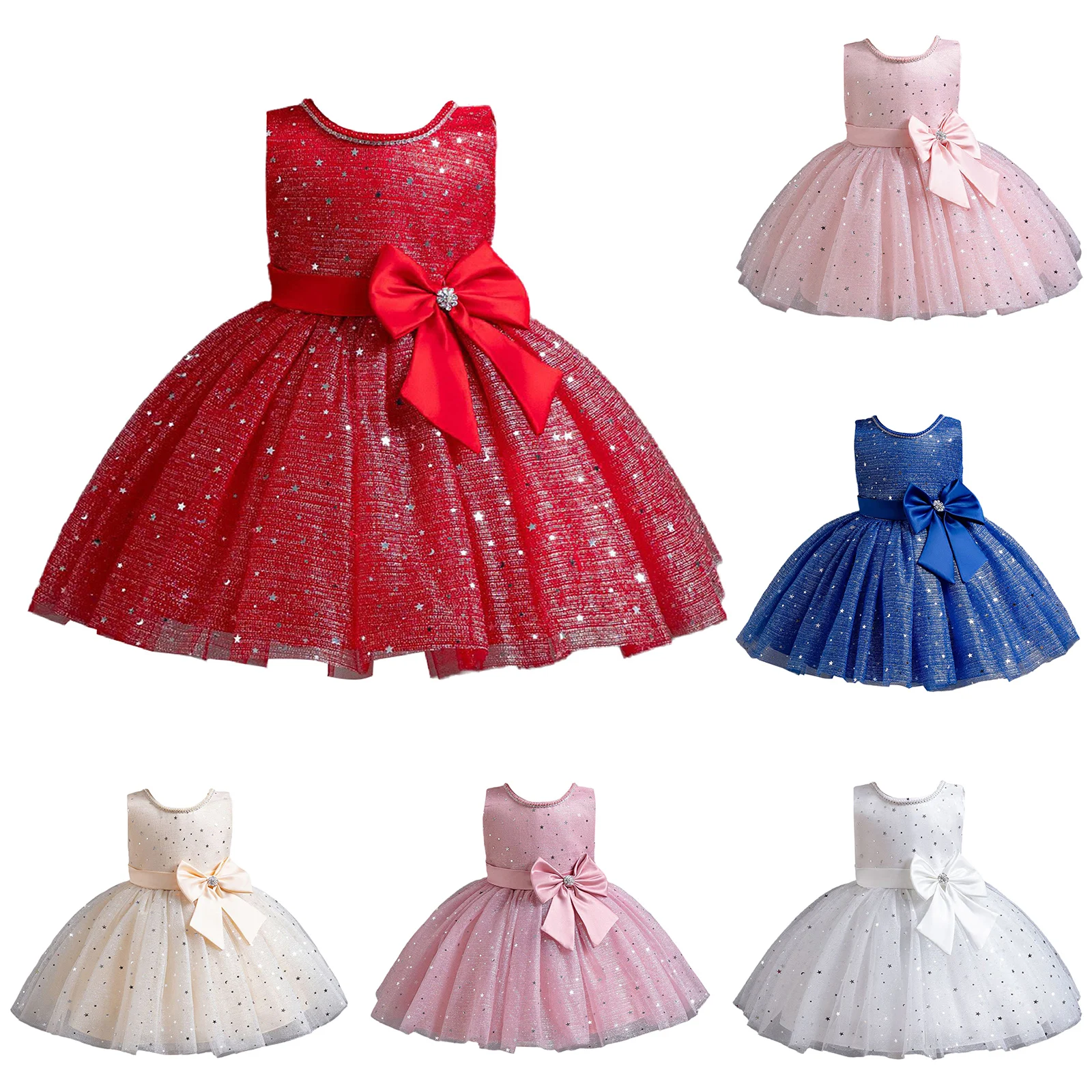 Baby Wedding Flower Girl Princess Dress Sleeveless Shiny Sequins Bow Knot Tutu Ball Gown for Christmas Birthday Party Evening