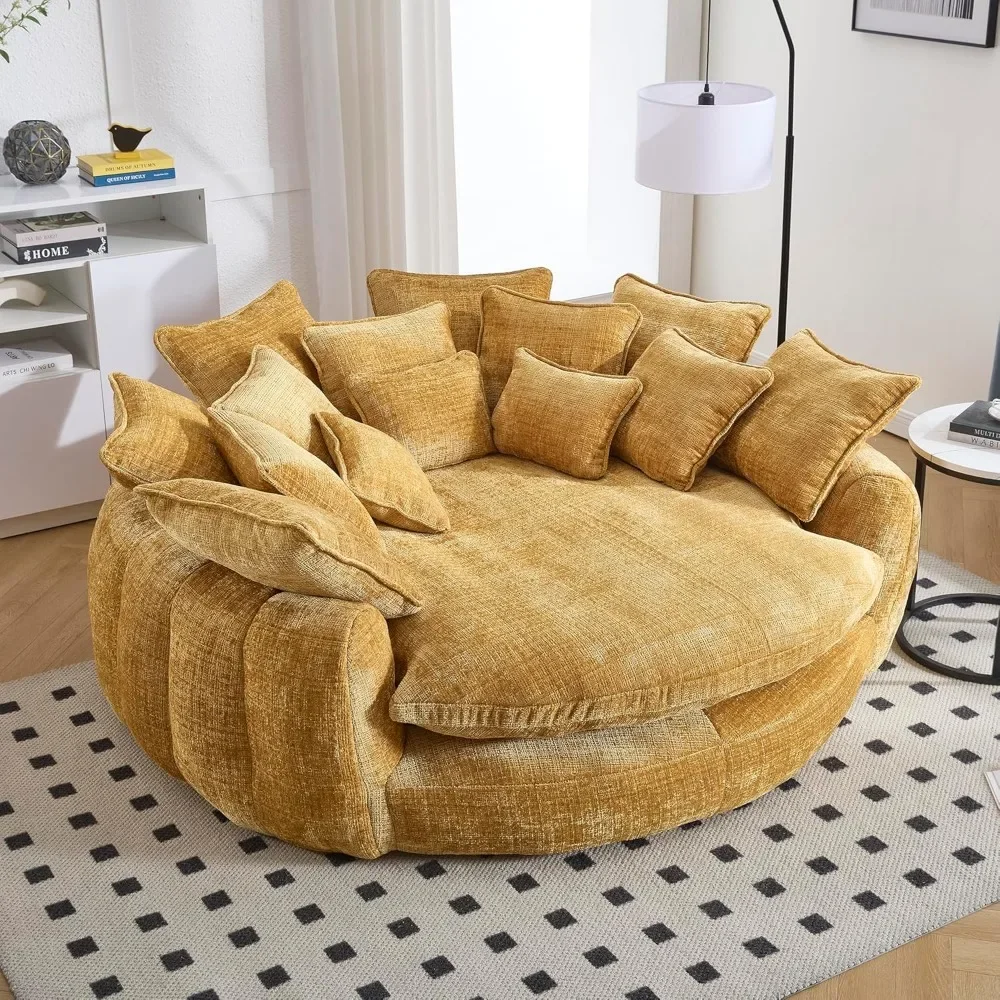 

Oversized Round Chaise Lounge, 81.1in Extra Wide Barrel Chair for 2 People Upholstered Cloud Chenille Round Sofa with 14 Pillows