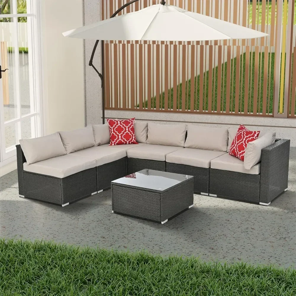 7 Piece Patio Furniture Set, Patio Sectional Furniture Set, Wicker Outdoor Sectional Sofa with Cushion, Pillow and Coffee Table