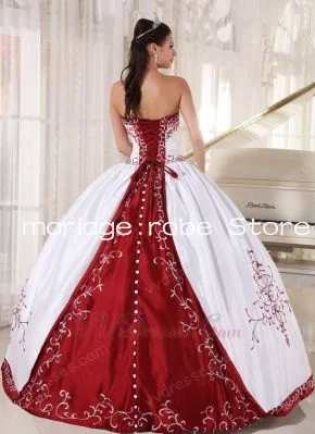 Vintage weiße Quince anera Kleider mit weinroten Stickerei träger losen Fleck Ballkleid Schnür korsett Abschluss ball Kleid