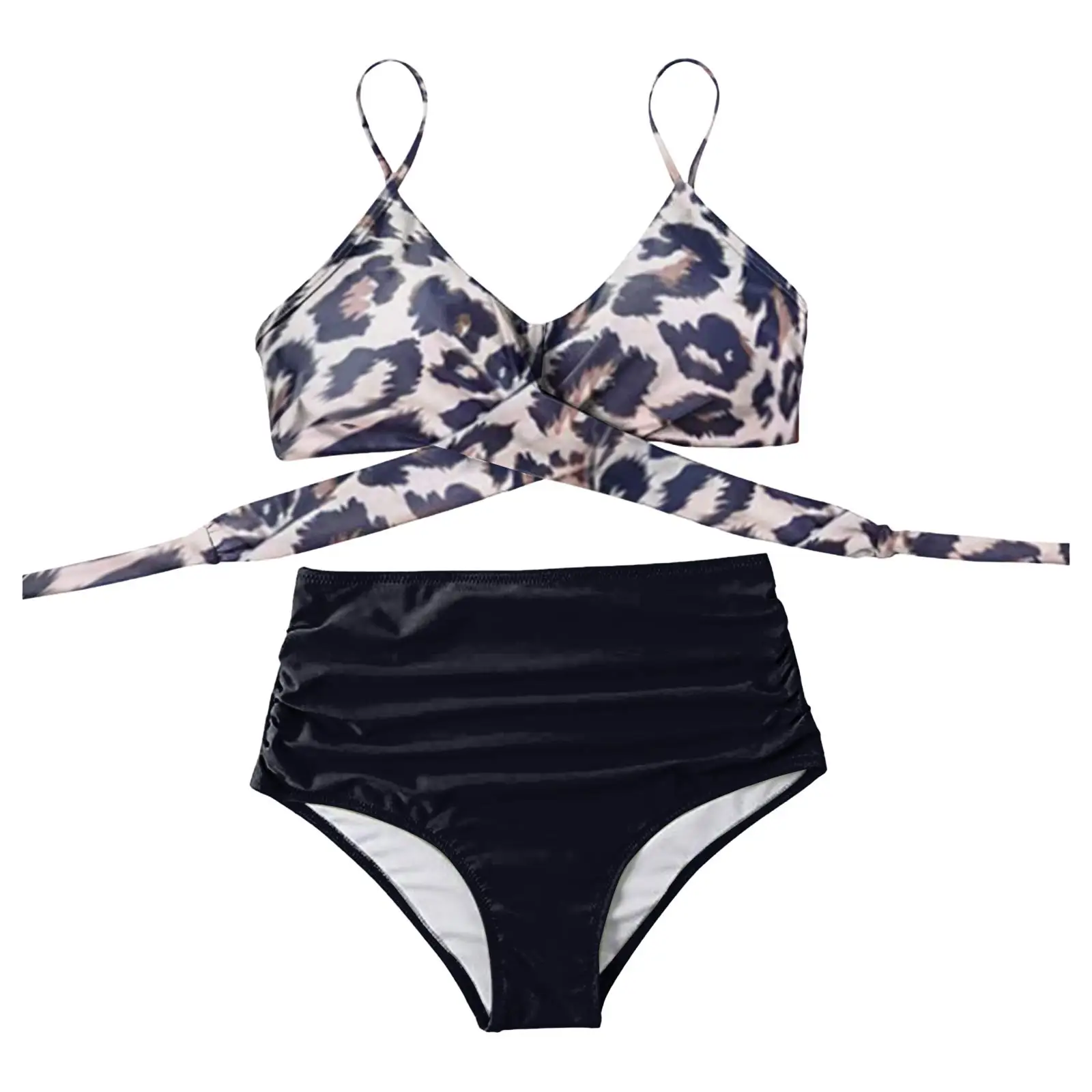 Conjunto de Bikini con estampado de leopardo para mujer, bañador Sexy con abertura, cuello en V fruncido, Tops cortos con cordones de realce + bañadores de vendaje de cintura alta para playa