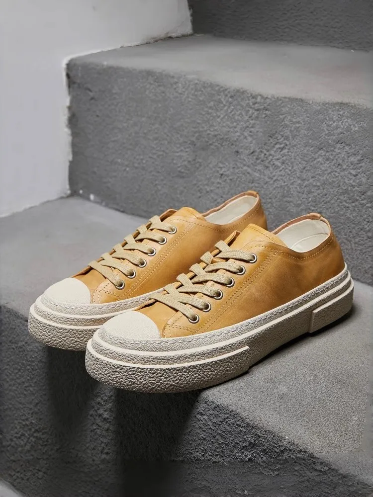 New Mens Low Cut Lace Up Skateboard Shoes Horsehide Genuine Leather Casual Shoes Flats Joggers Sneakers Vintage Breathable Shoes