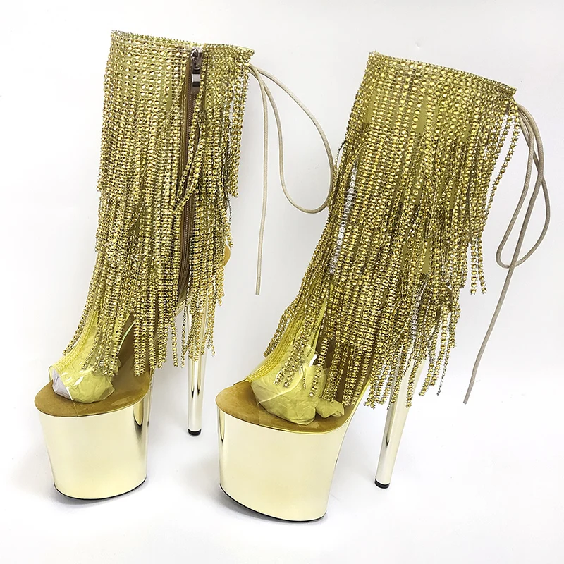 

Platform Boots Fringe Bling Stripper Heels 20cm Pole Dance 8Inches Novelty Peep Toe Rransparent Sexy Fetish Shoes Women New