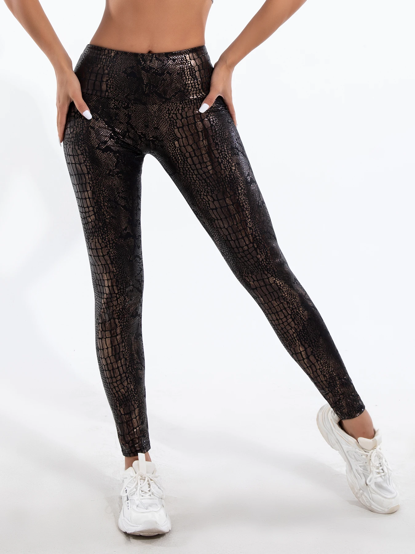 Nowe legginsy z wysokim stanem Hot Gold Snake Print High Stretch Tight Nine-point Pants Women Waist Brown Snake Print Small Feet Pants