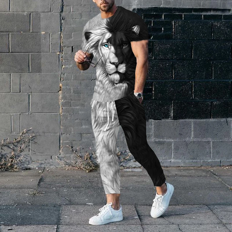 Summer Men\'s Tracksuit Trousers 2 Piece Set Lion 3D Printed Short Sleeve T Shirt+Long Pants Streetwear Trend Male Clothing