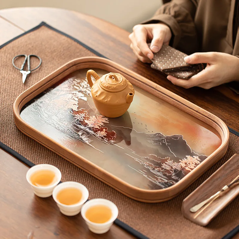 Haitang Red Colored Glass Retro Bamboo Tea Tray for Household Storage