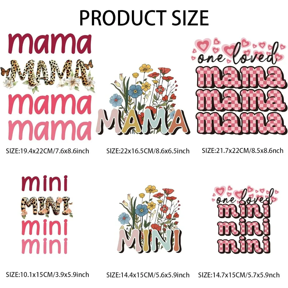 6 Sheets Mama Mini Iron on Decals Patches Leopard Heart Flower Iron on Stickers PET Washable Heat Transfer Sticker making kit