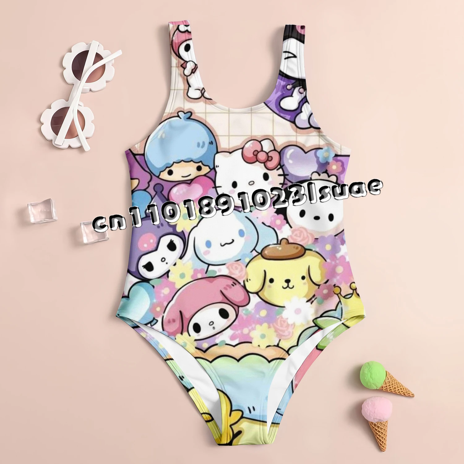 

Miniso Sanrio Hello Kitty Children's Cute Swimsuit Women's Cartoon Casual Baby Girl Summer New Hot Spring Swimming Beach Wear