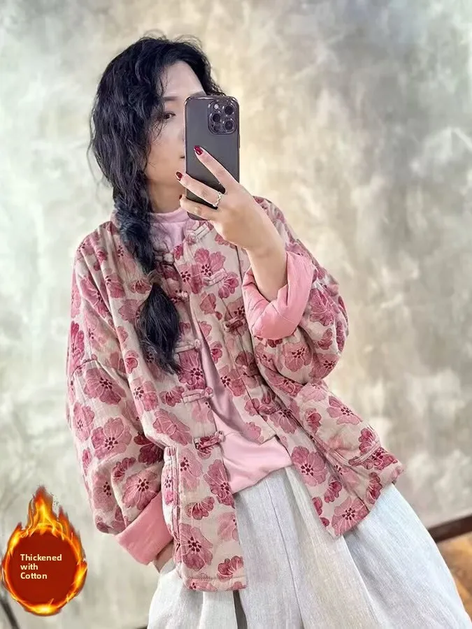 

Женское хлопковое джинто в китайском стиле в стиле ретро, свободное длинное пальто из смеси хлопка и льна с принтом и пуговицами