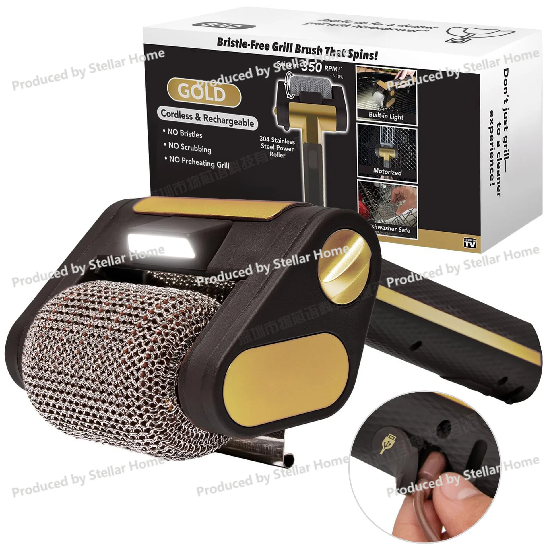 Stainless Steel 304 Roller BBQ Brush with LED Light No Bristles Clear Food Grade Clean LED Lighting