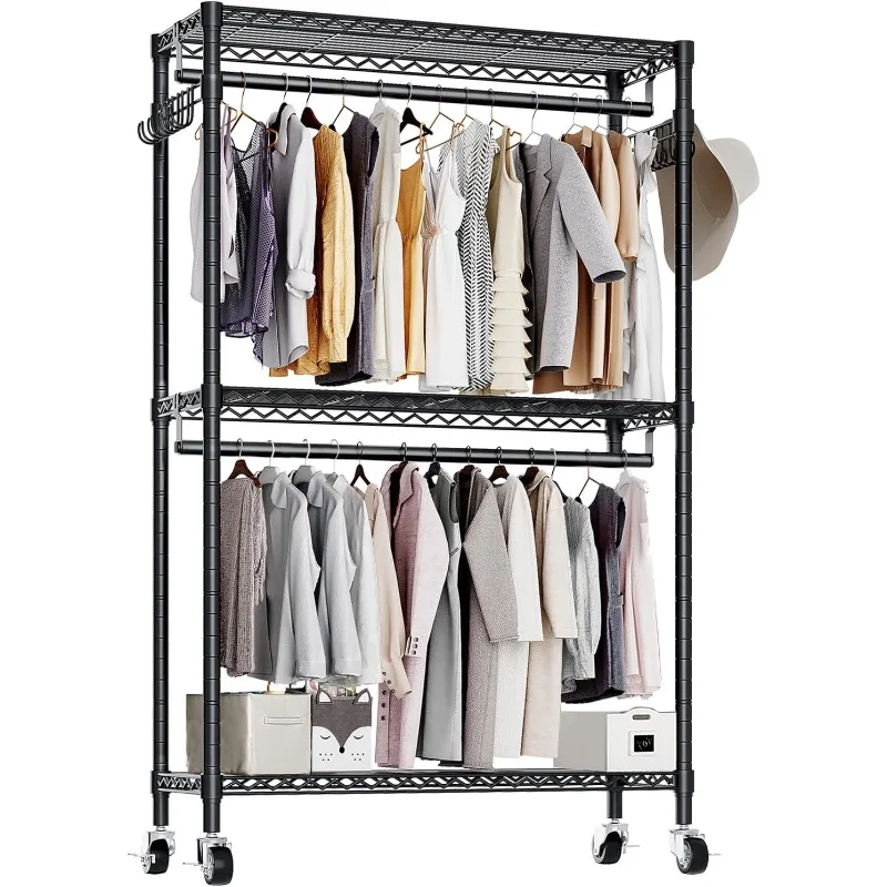 Heavy Duty Garment Rack, 3 Tiers Clothes Rack with 2 Hanging Rods and Side Hooks, Freestanding Metal Clothing Rack Black ZER-014