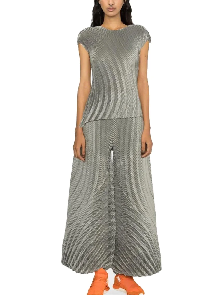 Miyake Pleated Two Piece Pant Sets Women 2023 Summer New Suit Short Sleeve Top With Wide Leg Pants