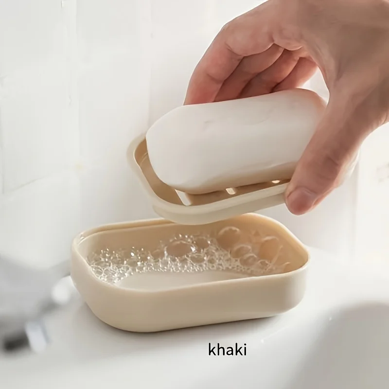 

1pc of Double-Layer Square Soap Box with Lid, Simple Design, Plastic Draining Soap Holder for Home Bathroom Use.