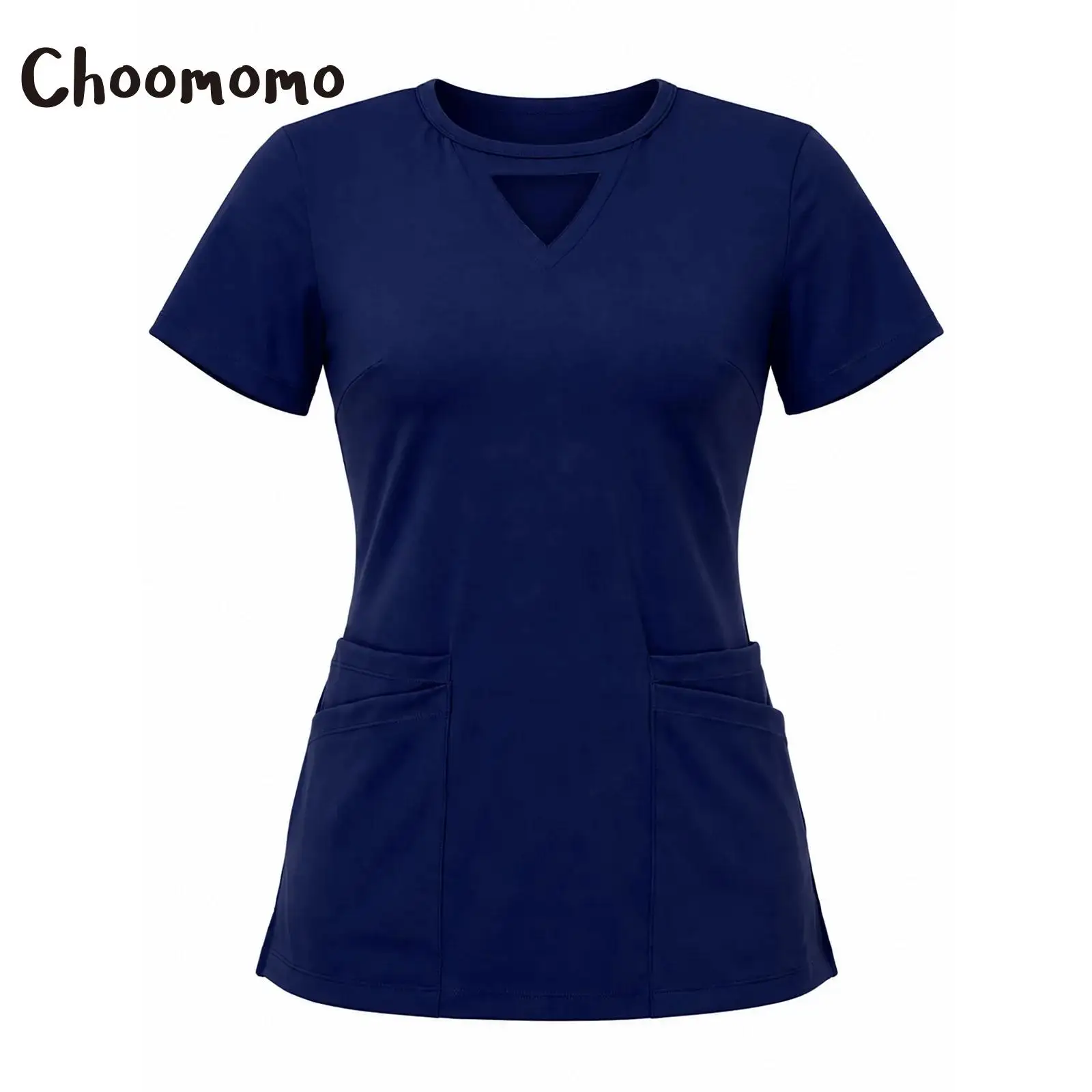 Women Nurse Scrub Top Nurse Uniforms Cutout Collar Short Sleeve Side Slit Nurse T-shirt with Multiple Pockets Medical Work Wear