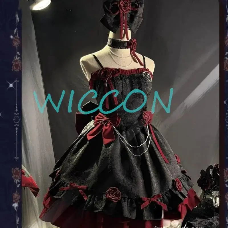 Vestido victoriano gótico oscuro Lolita Jsk para mujer, vestido Vintage elegante con lazo de flor rosa, vestidos de princesa con tirantes, vestido de fiesta de té dulce para niñas