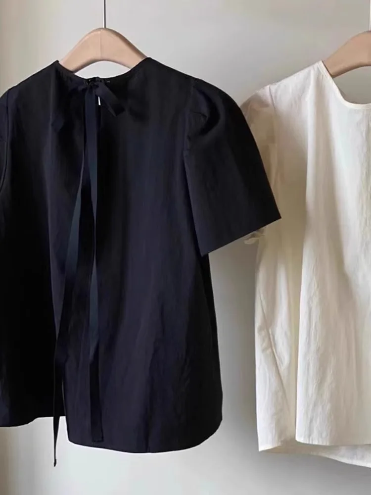 

Ele Loose Bubble Sve Chiffon irt Comfortable round Ne Comfort Fit Summer Top Women's Korean Sle Straight Cut Silk