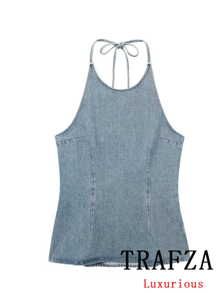 TRAFZA Vintage Casual Chic Women Halter Denim Vest Blue Solid Halter Backless Sleeveless Zipper Vest Fashion 2024 Summer Tops