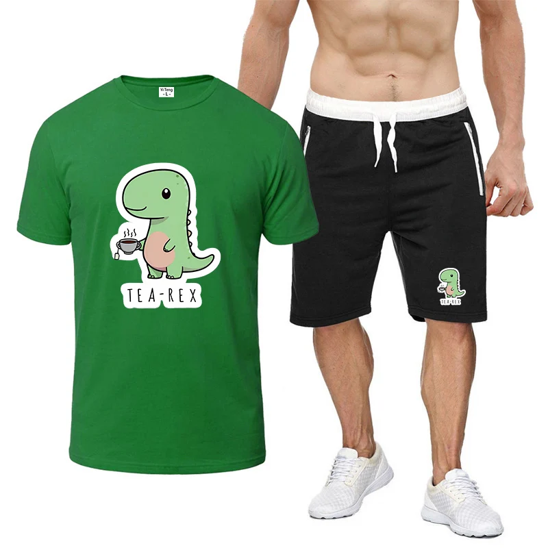 Men's 2025 Tea-Rex Dinosaur Logo Print Summer 100% Cotton T-Shirt Soft Breathable Round Neck Short Sleeve T-shirt Pants Suits