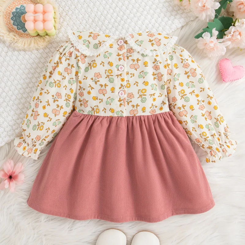 Spring And Autumn New Floral Long Sleeve Baby Girl Dress, Sweet Bow Fake Two Children'S Clothes (9 Months -3 Years Old)