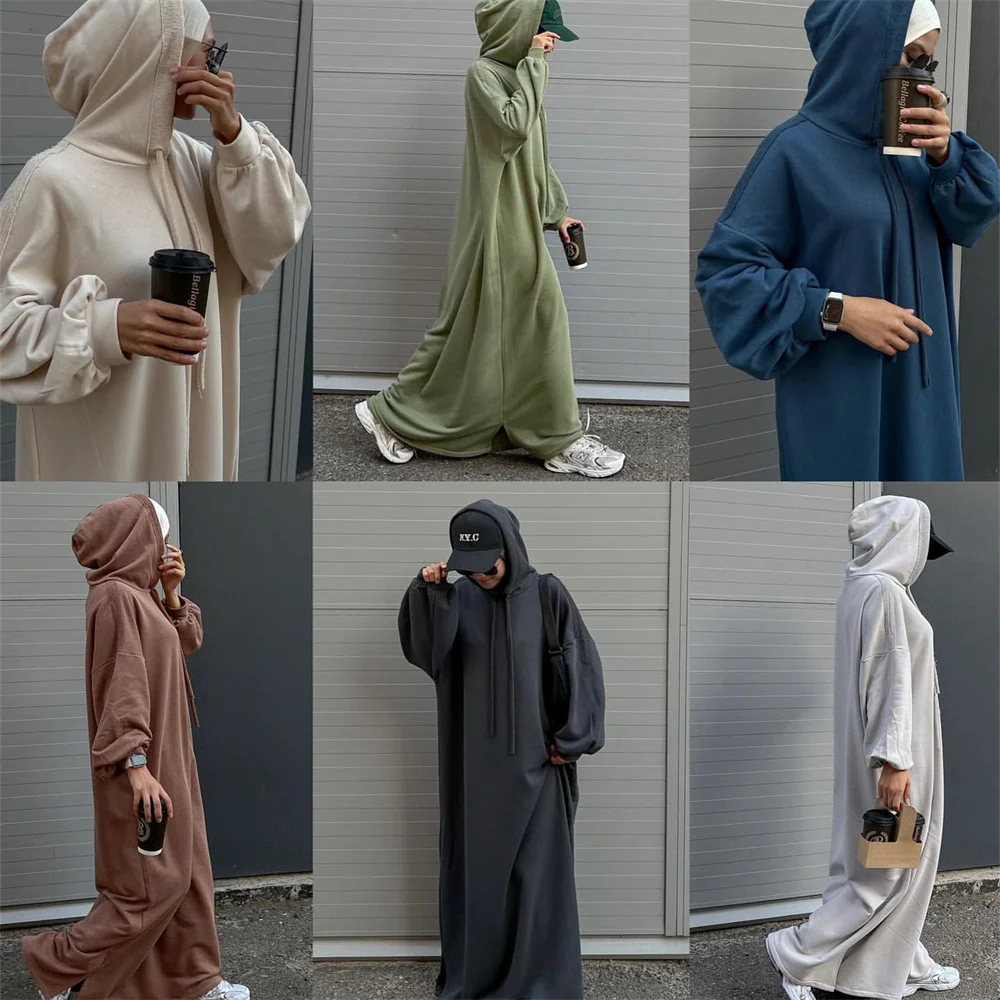 2024 Ramadan Eid Modest Warm Winter Abayas With Hat Muslim Women Abaya Dress Robe  Arabe Female Morocco Kaftan Islam Clothing