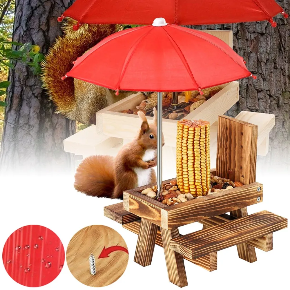 Table d'alimentation pour écureuils avec parasol, station d'alimentation en bois pour animaux sauvages, utilisable toute l'année, idéale pour les arbres, les terrasses, les balcons, les jardins et les cours. Un élément de décoration durable et charmant pour les amateurs d'écureuils et les passionnés de nature.
