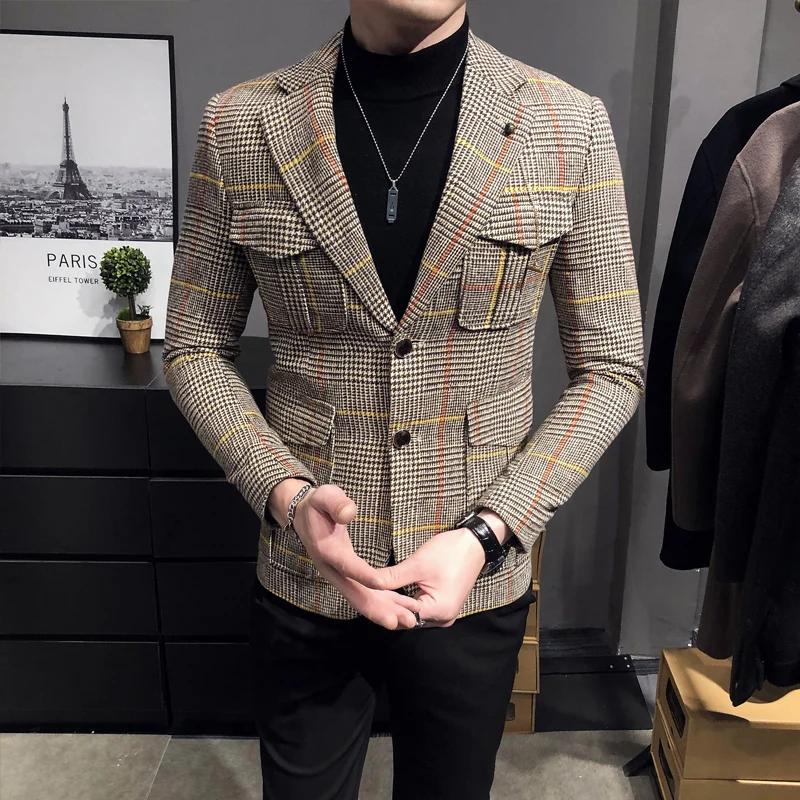 2023 Spring Men Plaid Blazers British Printed Wedding Business Casual Blazer Suit Jacket Male Formal Blazers Plus Size S-3XL