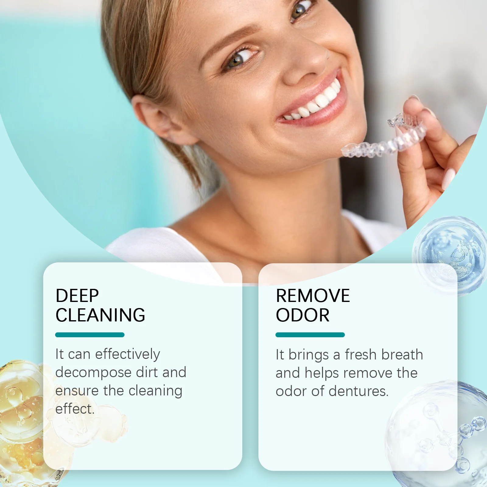 Denture & Retainer Cleansing Tablets • Effectively Removes Plaque & Buildup • Deep Stain Cleaning • Gentle Daily Oral Care