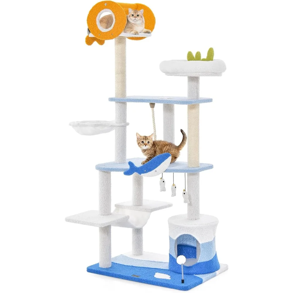 

Ocean-Themed Cat Tree, 3-Level Cat Tower with Sisal Scratching Posts, Condo, Perch, Hammock, Dangling Toys, Spring Ball