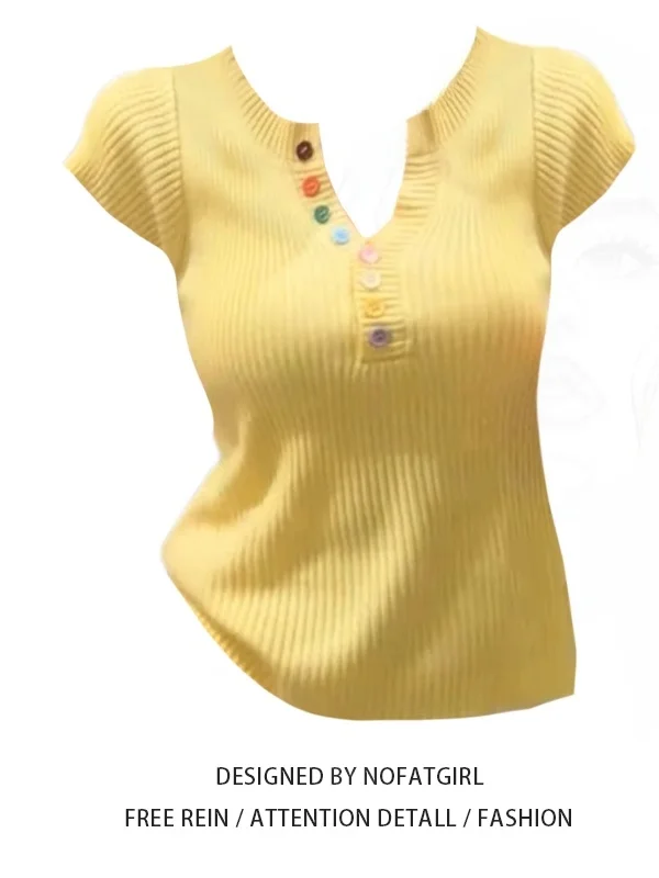 

Slim Fit ort Sve V-Ne Knitwear Yellow Dopane Color Button Women's Summer Faionable Top Korean Sle Commute Wind