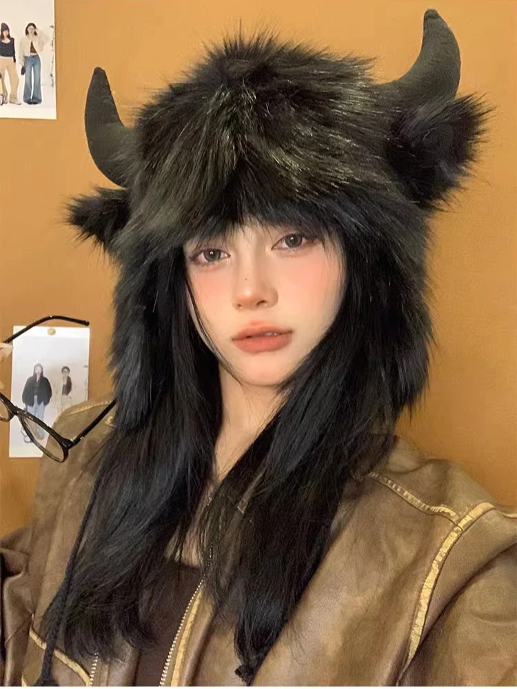 Winter Warm Hat Brown Ushanka Hat Cute Winter Hat for Boys Girls Kids Cartoon Anime Cap Gorras Bull Demon King Headcap gothic