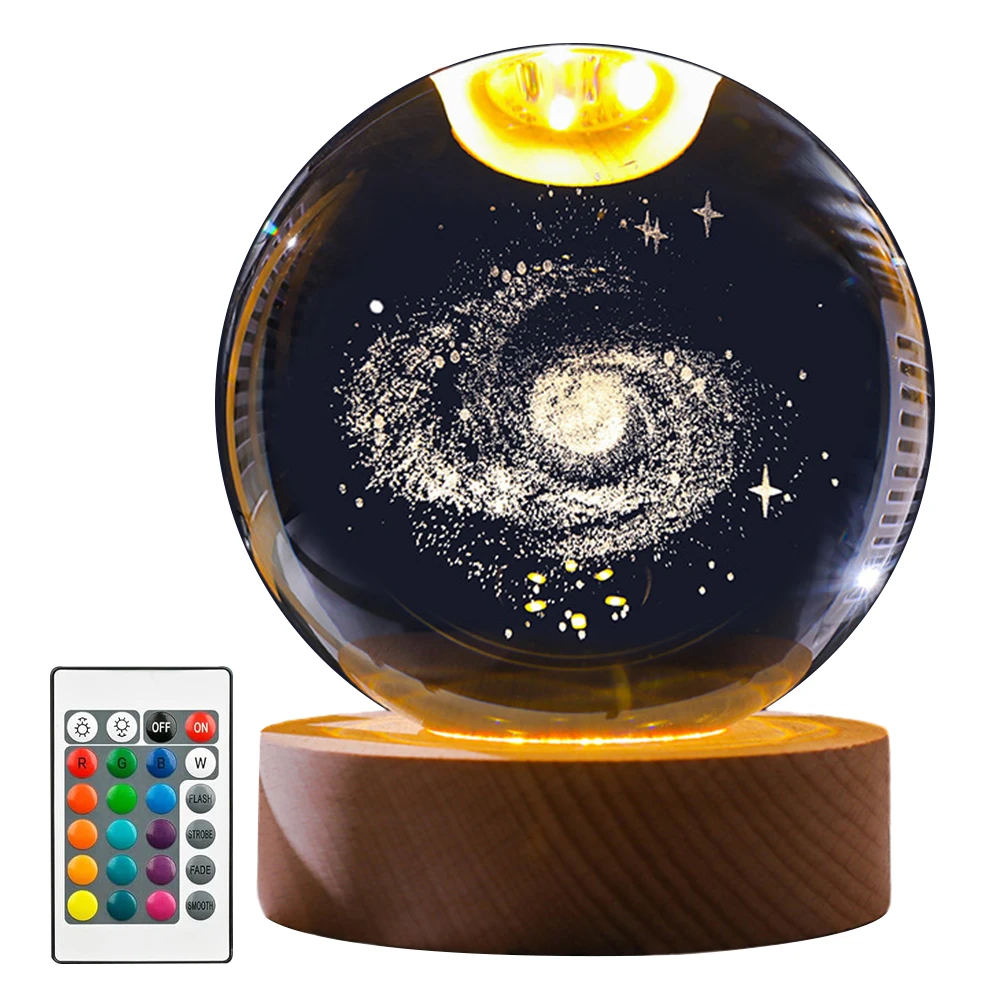 3D Moon Galaxy Globe Night Light Large 3D Galaxy Crystal Ball Night Light Wooden Base LED Crystal Table Lamp Ideal Birthday Gift