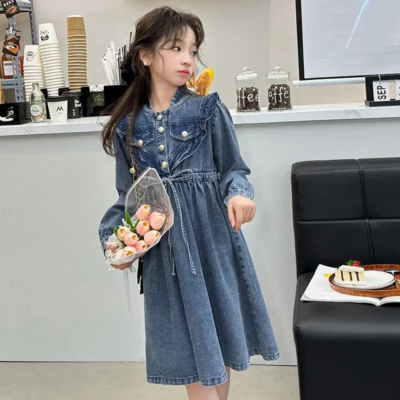 Girl's denim dress for spring and autumn 2024 with embedded rope stand up collar, girl's stylish long sleeved princess dress