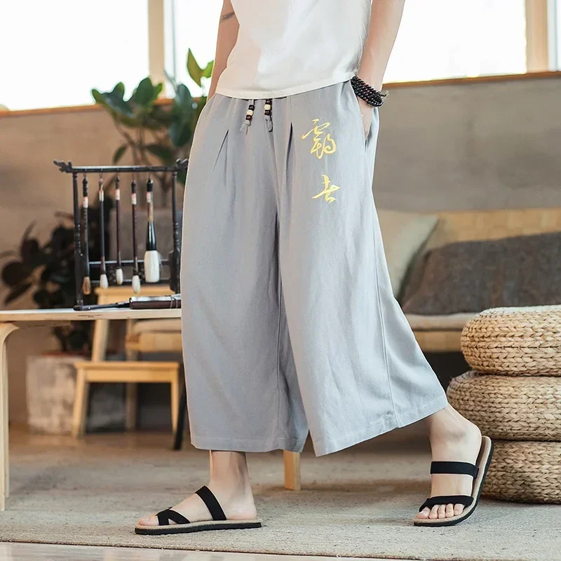 Chinese Style Cotton Linen Harem Jogger Pants Calf-Length Summer Sweatpants Casual Wide Leg Kimonos Trousers Men 109 MN7