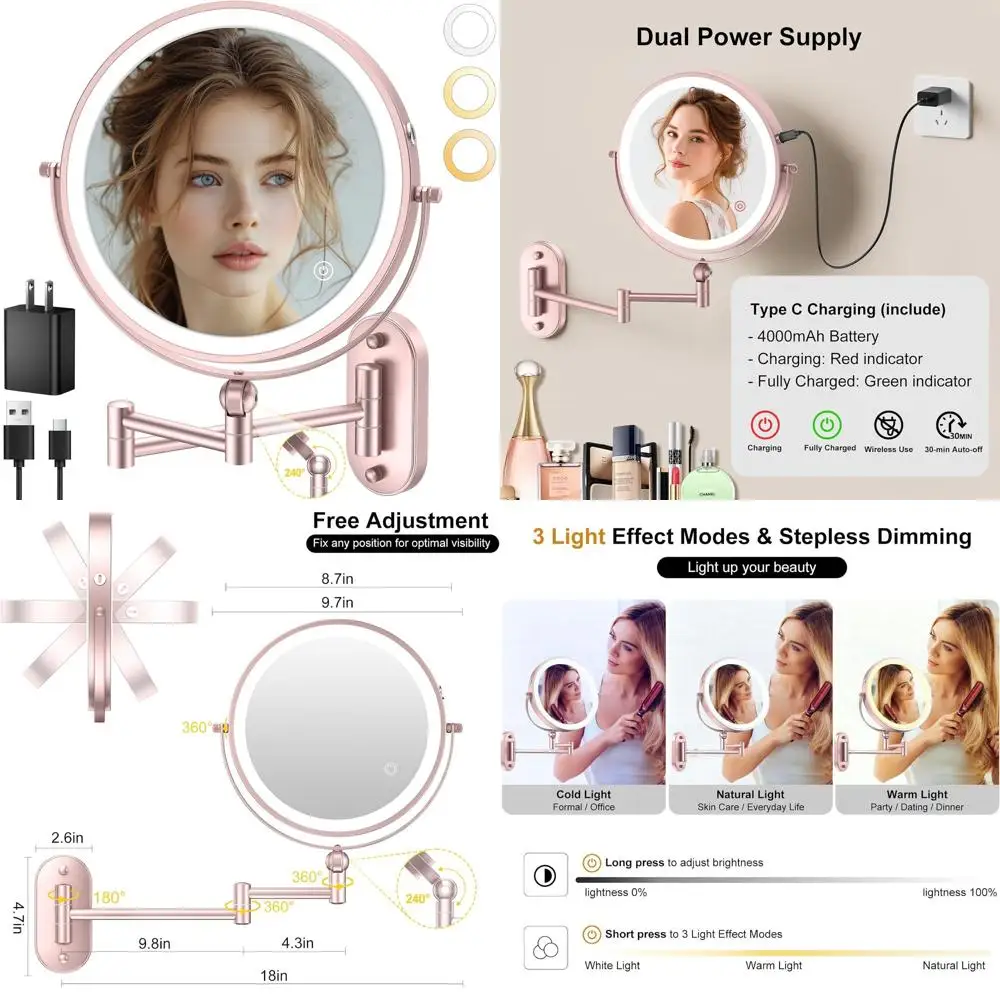 9 مرآة مكياج مثبتة على الحائط مضيئة LED مع تكبير مزدوج الجوانب قابل لإعادة الشحن، 360 درجة ° ذراع دوار، قابل للتعتيم باللمس، 3 ألوان #1