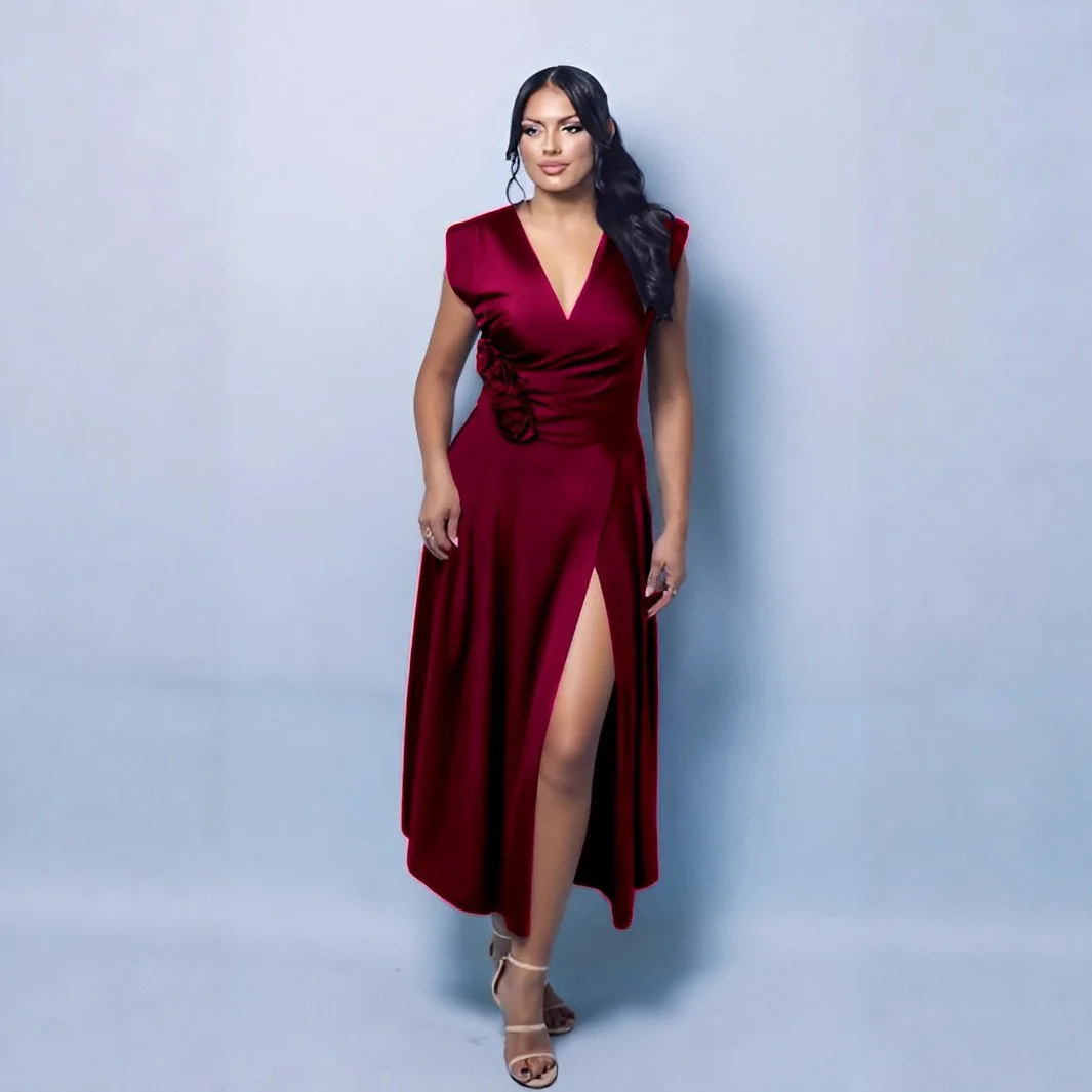 

Элегантное летнее вечернее платье-ромпер из атласа с V-образным вырезом, 3D-цветами, приталенным силуэтом и разрезом для женщин