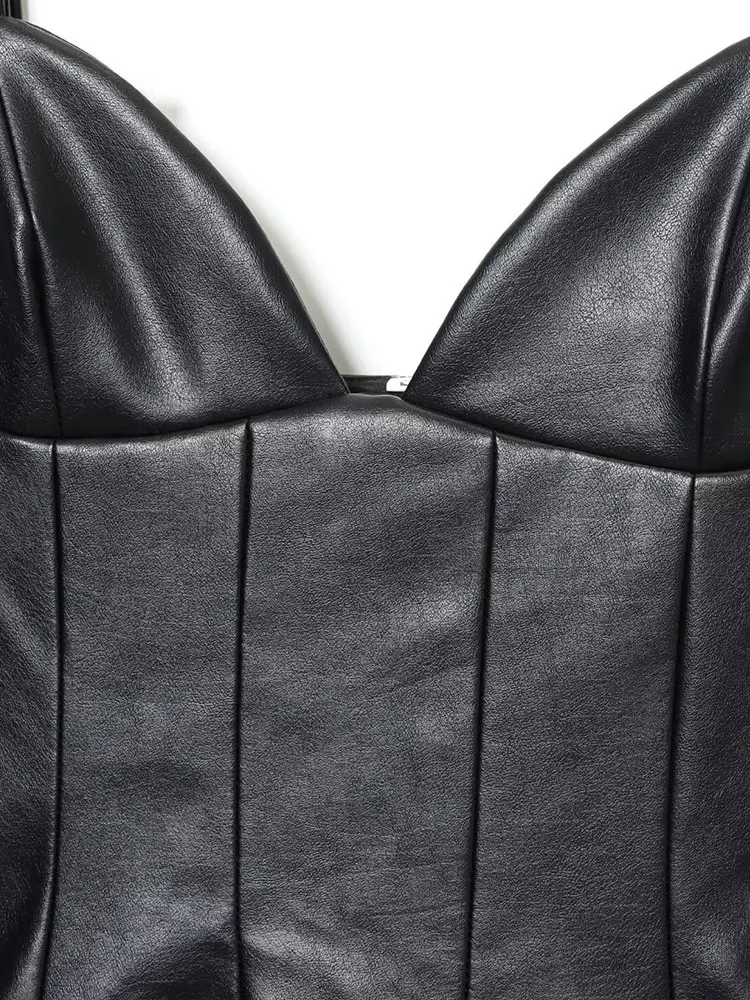 NLZGMSJ Sexy Lmitation Leather Party Women Dress Sleeveless V-Neck Cami Dress New Fashion 2025 Autumn Evening Night Club Dress