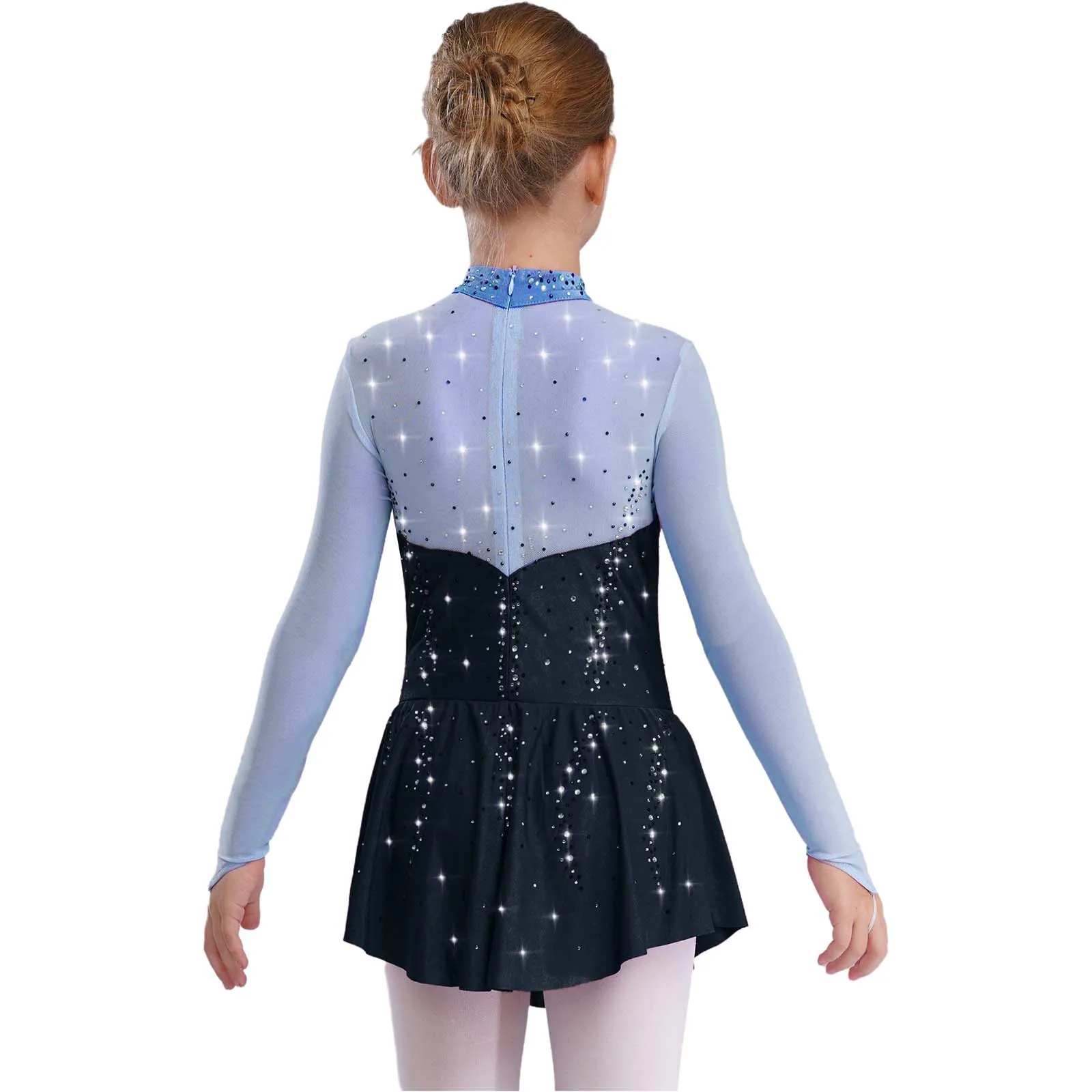Girls Ballet Figure Skating Dress Long Sleeve Shiny Rhinestones Gymnastics Leotard Tutu Professional Modern Lyrical Dance Dress