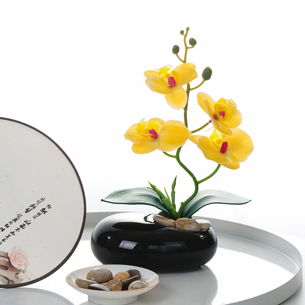 Elliptical Basin Artificial Flower Bonsai PU Butterfly Orchid Ceramic Vase Sets Home Decorations Ornaments Moth Orchid Potting