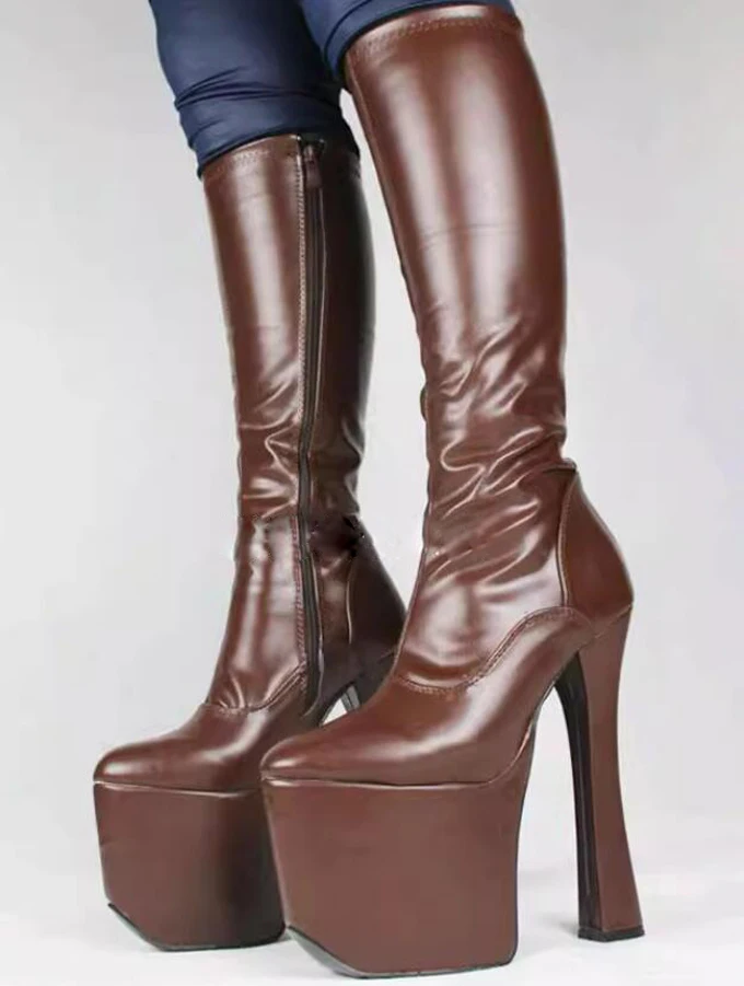 

Пикантные коричневые кожаные сапоги до колена на очень высоком каблуке 20 см на очень высоком каблуке, женские сапоги-дудочки на толстой подошве и молнии