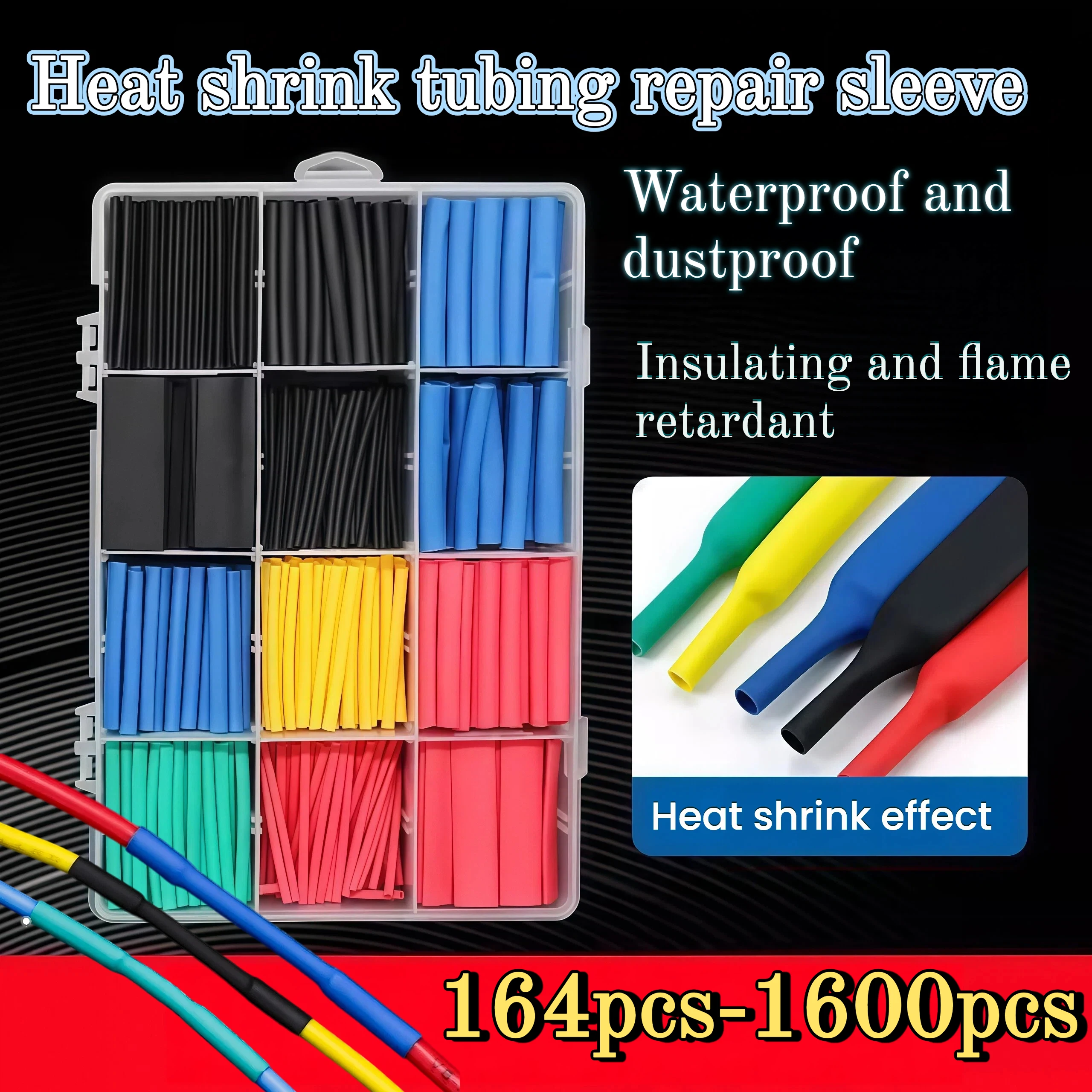 Boxed 164pcs-1600pcs Heat Shrink Tubing Polyolefin Insulation Sleeves for Household Electrical Wire Cable Wrapping