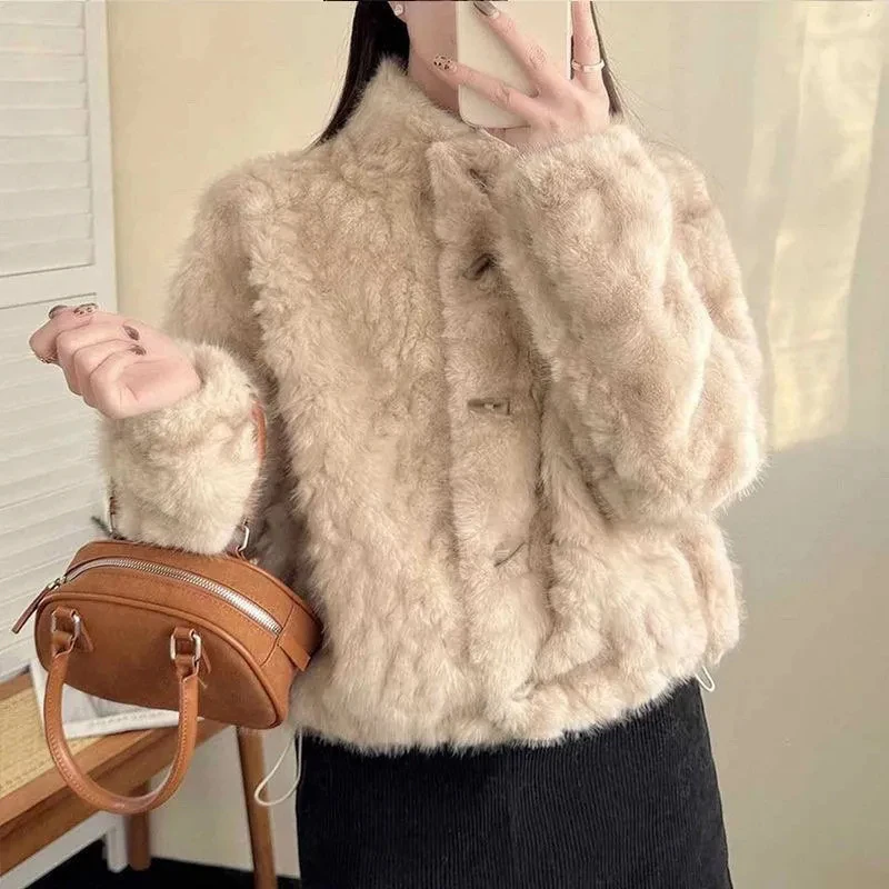 Luxury Women Faux Shearling Jacket Toggle Buttons Stand Collar Coat Fluffy Fleece Winter Warm Retro Preppy Outerwear Top