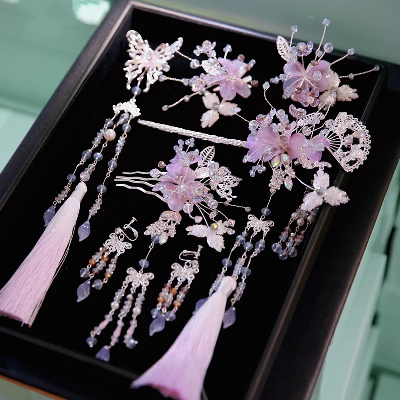 NiuShuya Lovely  Girls Chinese Classical Purple Pink Bridal Hairwear Ancient Costume Han Hairpins Head  Jewelries