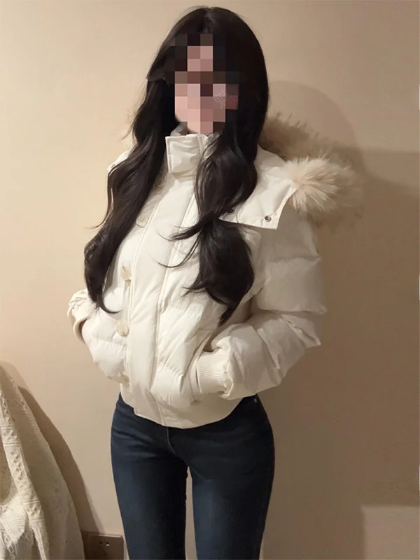 

Корейская женская утепленная хлопковая куртка-пальто с меховым воротником, свободного кроя, с эффектом стройности, с капюшоном, белая, зимняя верхняя одежда