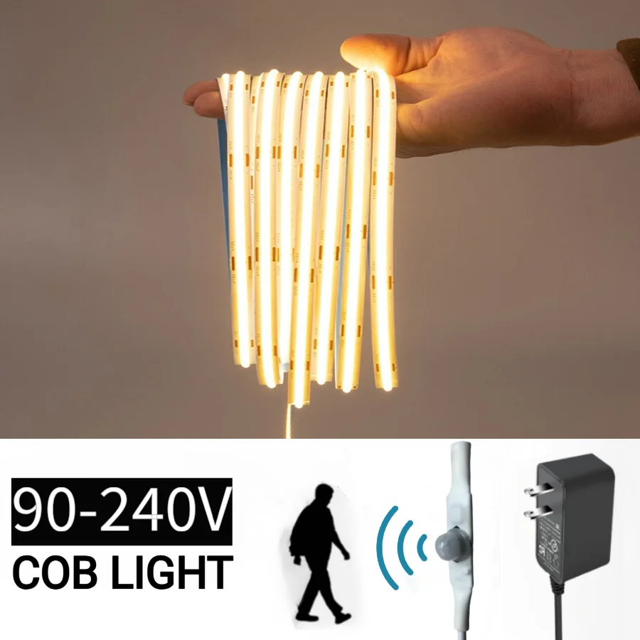 Striscia LED COB con adattatore Sensore di movimento PIR e nastro decorativo dimmerabile per scansione manuale per nastro di illuminazione luminoso per ambienti