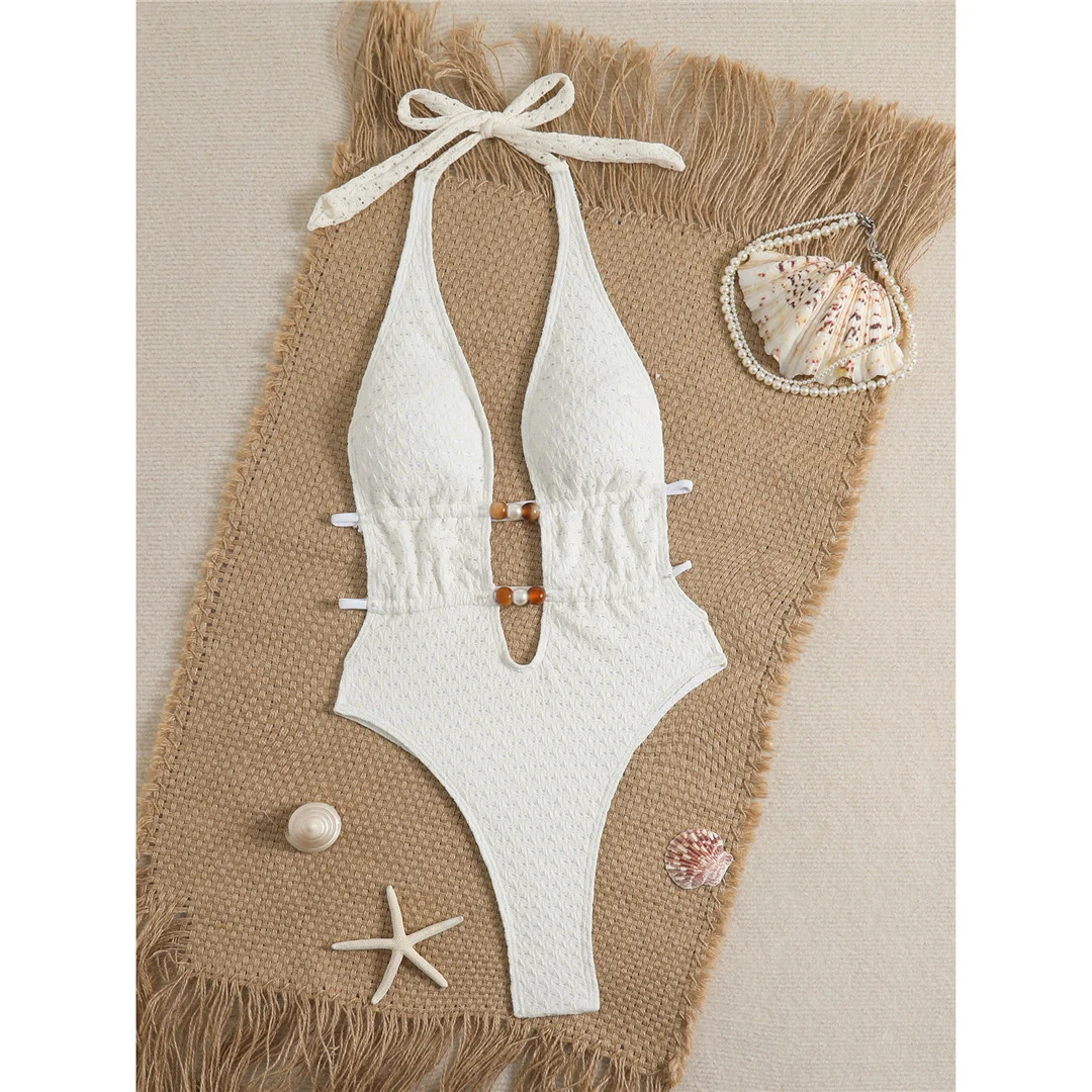 Tiefes V-Ausschnitt-Design, trägerloses, rückenfreies Einteiler-Badeanzug für Damen, Monokini mit hohem Beinausschnitt, gepolstert, Badebekleidung, Badeanzug, Modell V8028. – Detail 5
