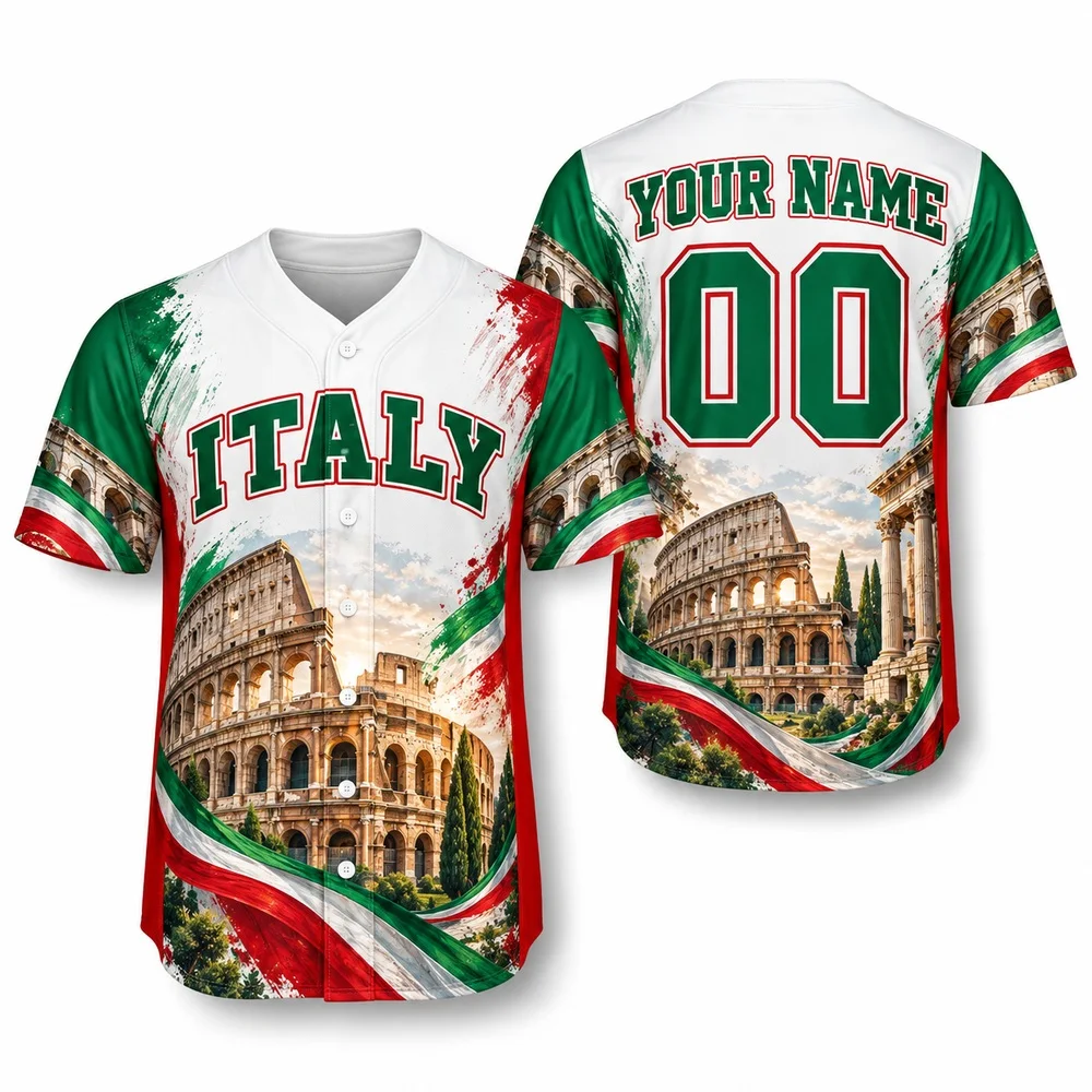 DIY Italy Jerseys Shirt Brings Venice and Rome Art to a Tricolor Baseball Jersey with Short Sleeve Button Up Heritage Shirts