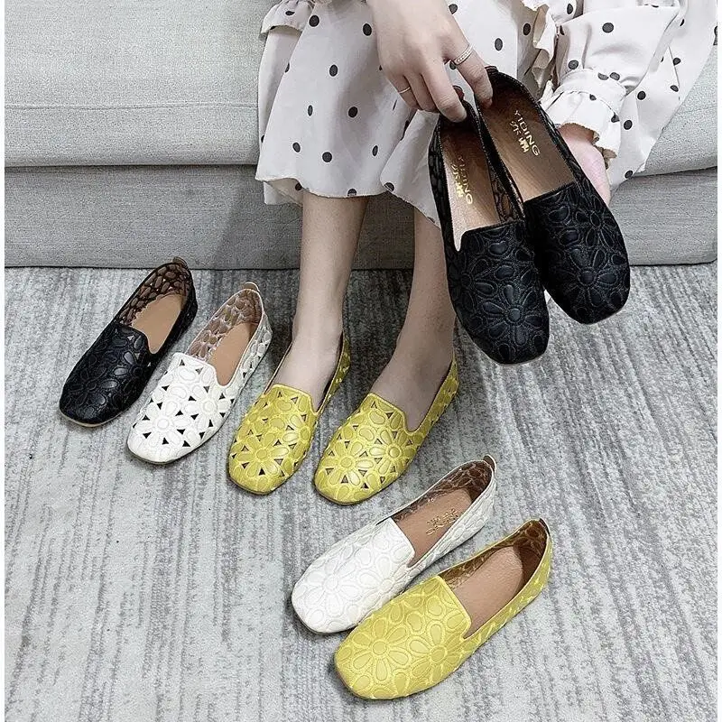 Lightweight Women's Summer Ballet Flats Non-slip Mom's Emboridery Moccasins Woman Soft-soled Slipon Cut-outs Loafers Shoes