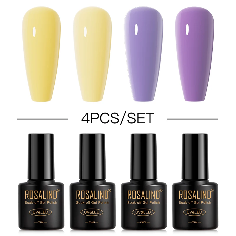 ROSALIN Summer 4 Pcs/set Nail Gel Polish Set Trendy Nail Supplies Semi Permanent Base Top Coat Soak Off UV/LED Lamp