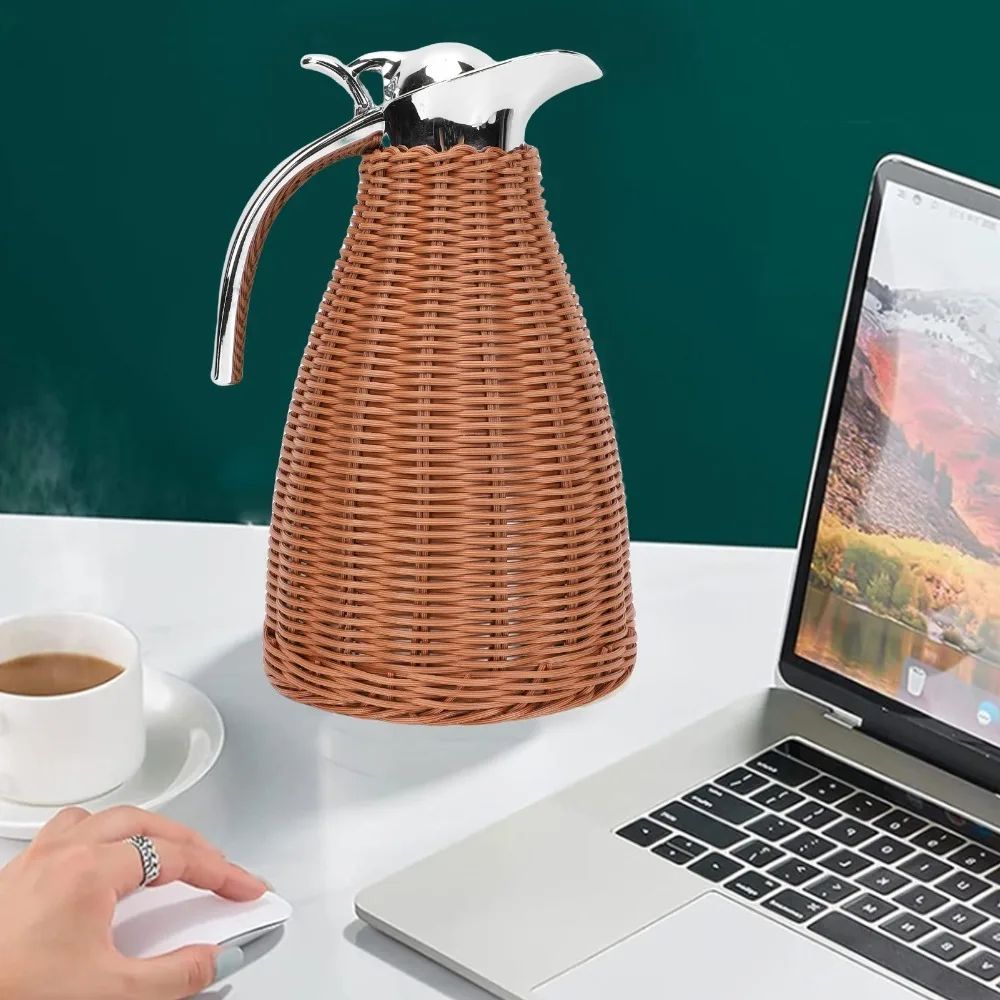 Handwoven Rattan Body Thermal Coffee Carafe 1.5L Capacity 12 Hour Heat Retention Insulated Coffee Pitcher 51 Oz Triple Walled