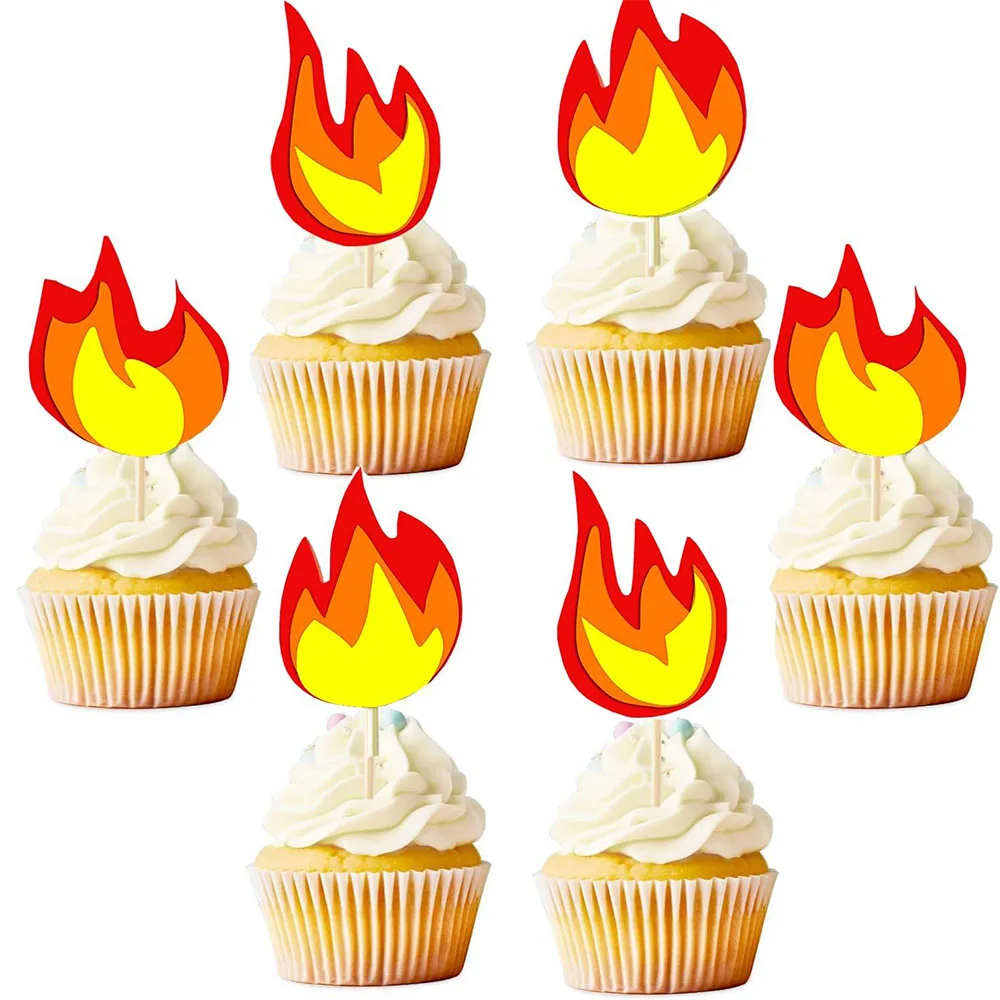 10/20pcs Fire Flames Cake Toppers Fire Truck Themed Party Cake Decorations Cupcake Toppers Firefighter Birthday Party Supplies